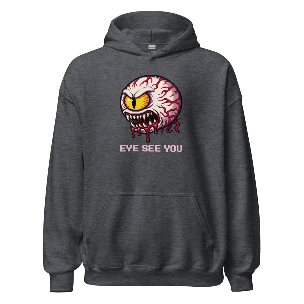 Eye See You Retro Pixel Boss Eyeball Gamer Tee — dark heather front view