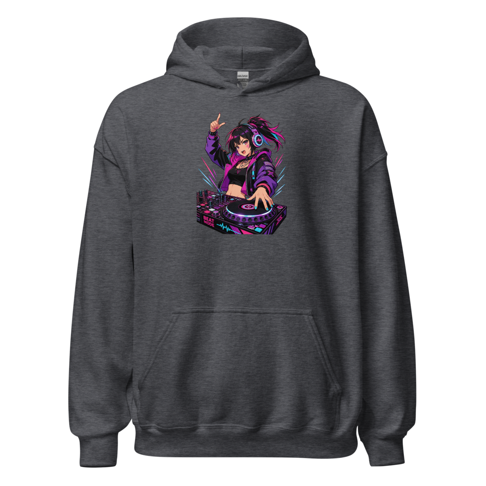 Anime Turntable Girl Synthwave Neon Drop Tee — dark heather front view