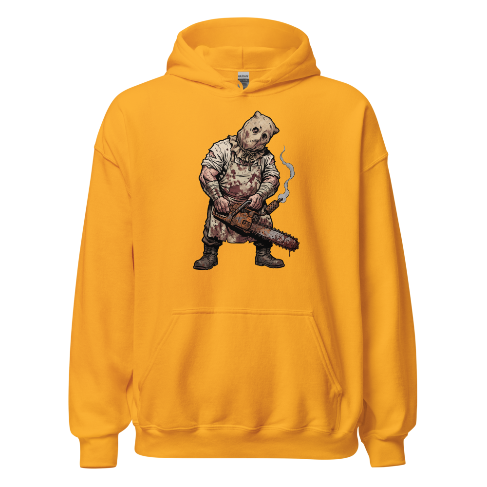 Sack Mask Chainsaw Executioner Horror Tee — gold front view