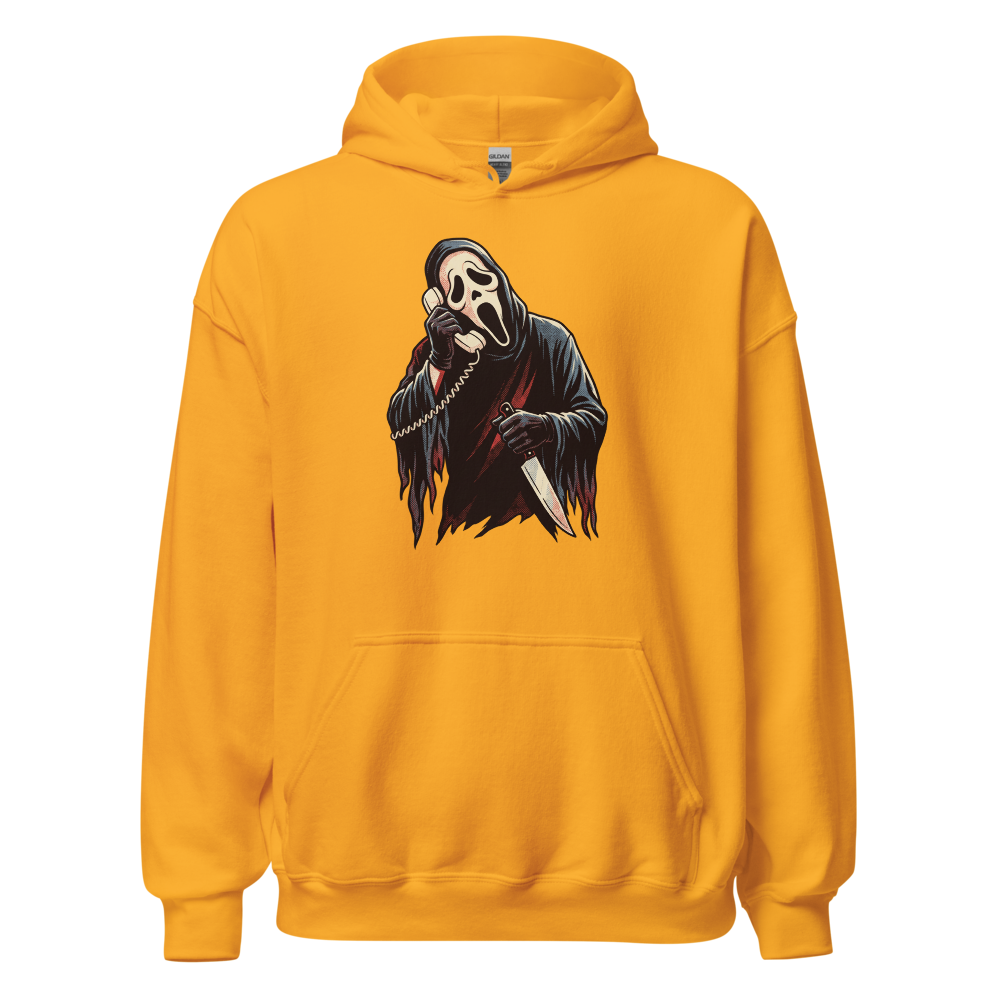 Masked Phone Caller On Hold Halftone Horror Tee — gold front view
