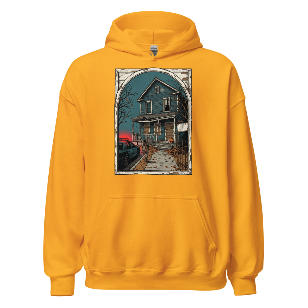 Haunted House Halloween Night Screen Print Horror Tee — Hoodie — gold front view