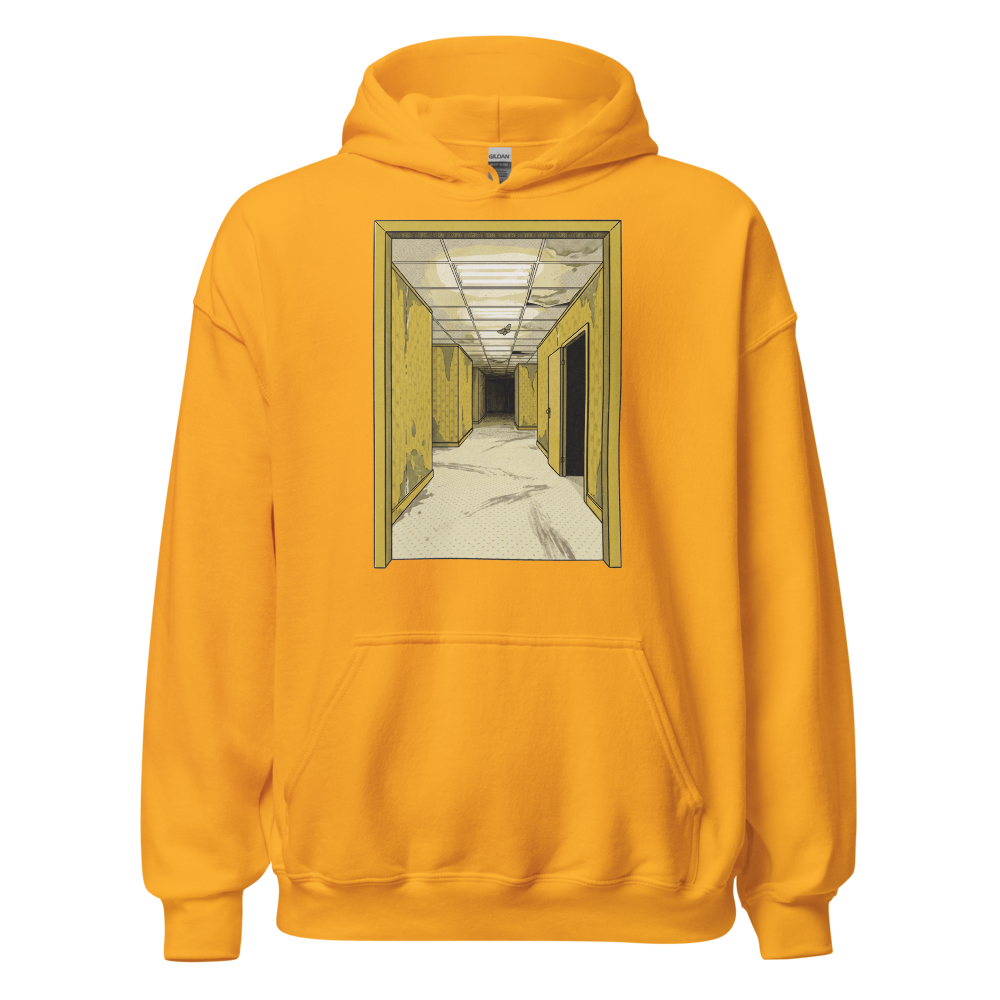 Yellow Liminal Hallway Endless Corridor Riso Tee — Hoodie — gold front view