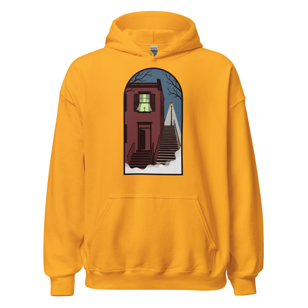 Haunted Row House Stone Stairs Horror Night Tee — Hoodie — gold front view