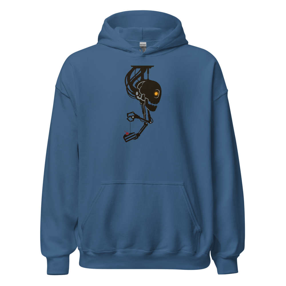 Sarcastic Ceiling AI Dangling Cake Silhouette Tee — Hoodie — indigo blue front view