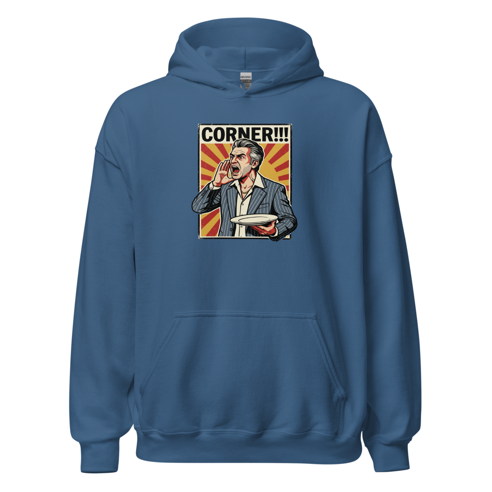 Corner Screaming Waiter Propaganda Fine Dining Tee — indigo blue front view