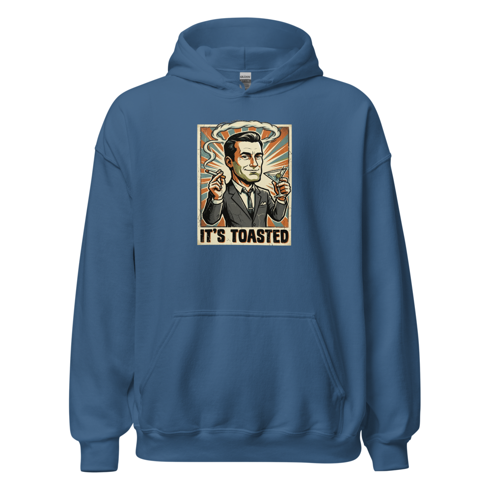 It's Toasted Sixties Ad Man Martini Propaganda Tee — indigo blue front view
