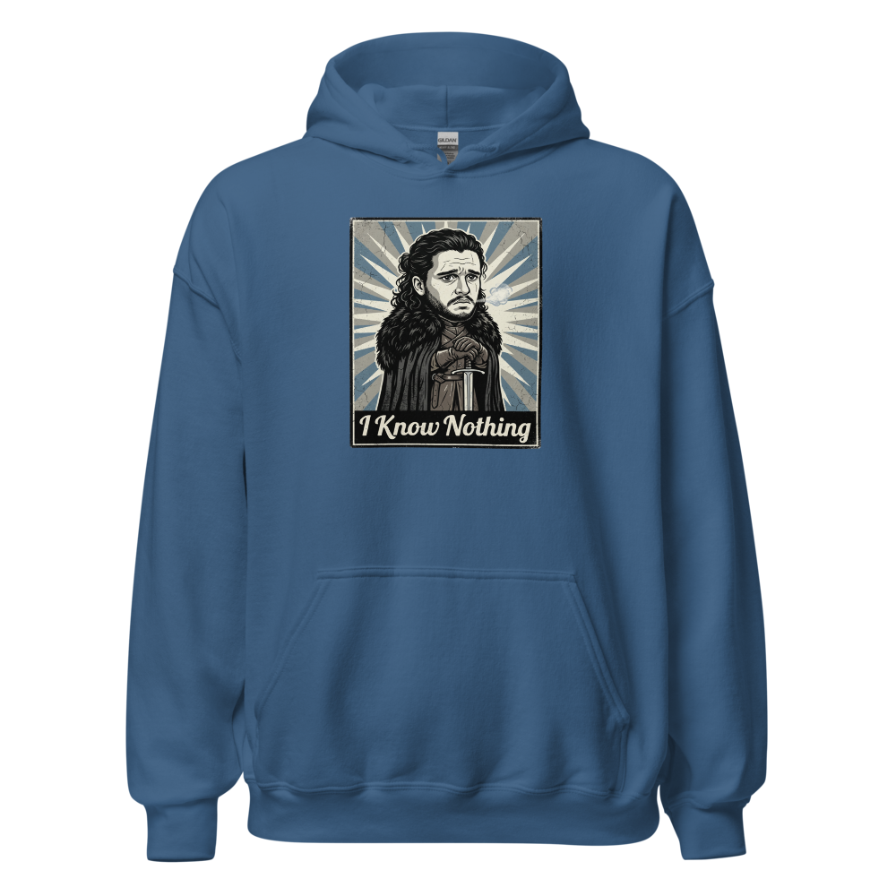 I Know Nothing Brooding Northern Hero Propaganda Tee — indigo blue front view