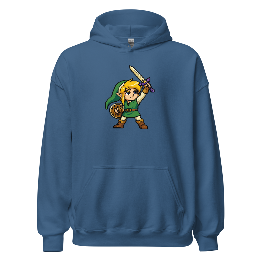 16-Bit Pixel Hero Sword Raise Retro Gamer Tee — indigo blue front view