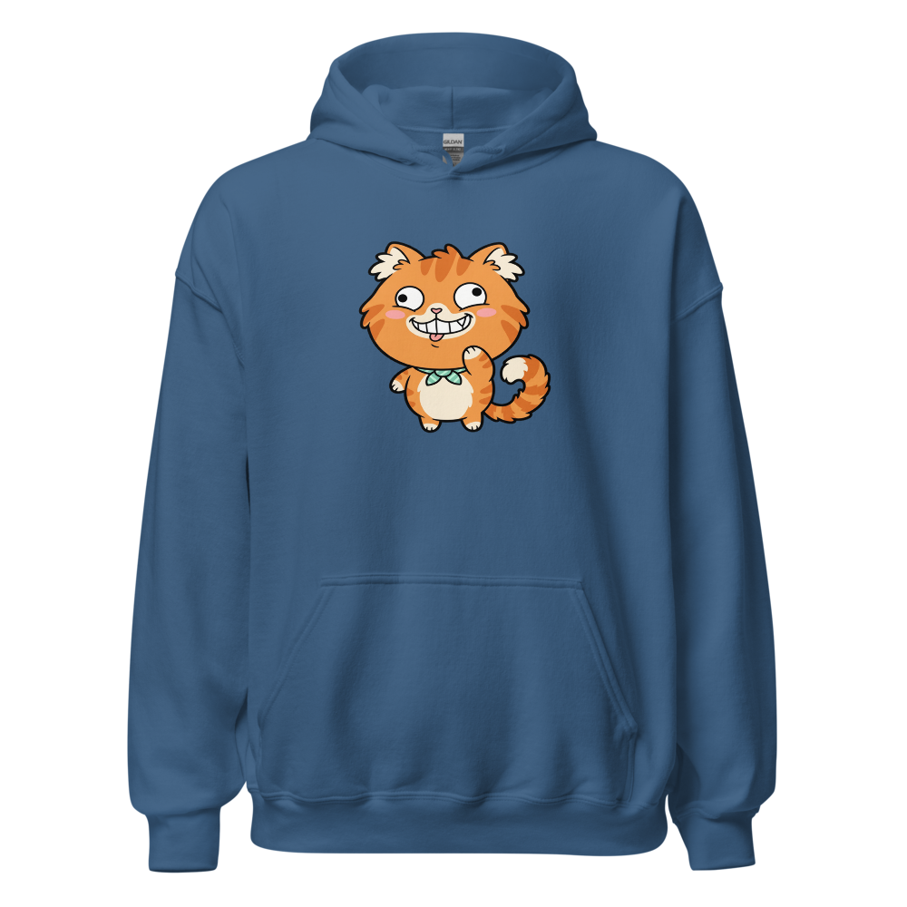Derpy Orange Tabby Chibi Meme Cat Tee — indigo blue front view