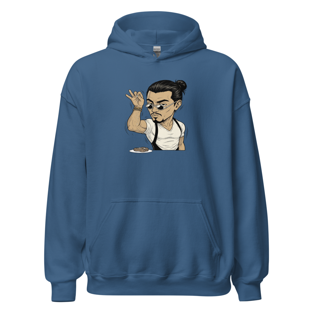 Smug Chef Salt Sprinkle Manga Line Art Meme Tee — indigo blue front view