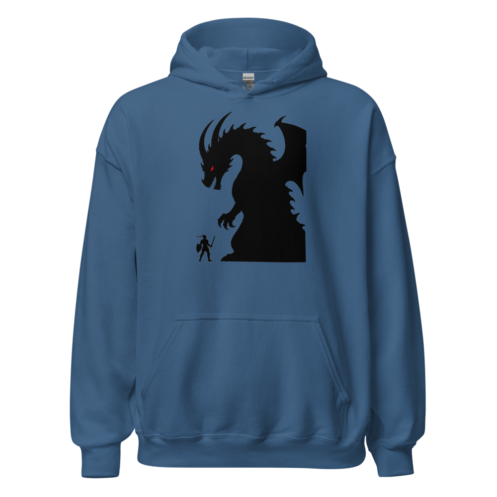 Tiny Hero Giant Boss Silhouette Minimalist Gamer T-Shirt — Hoodie — indigo blue front view