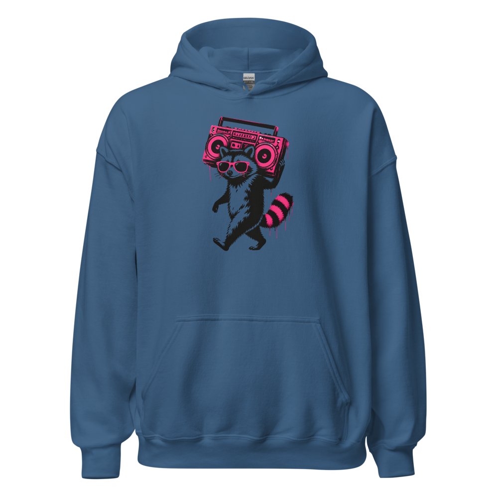 Stencil Raccoon With Boombox Street Art Tee — indigo blue front view