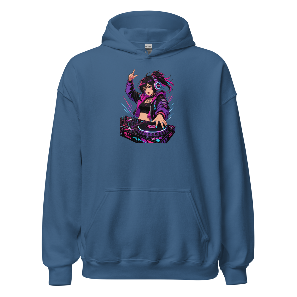 Anime Turntable Girl Synthwave Neon Drop Tee — indigo blue front view