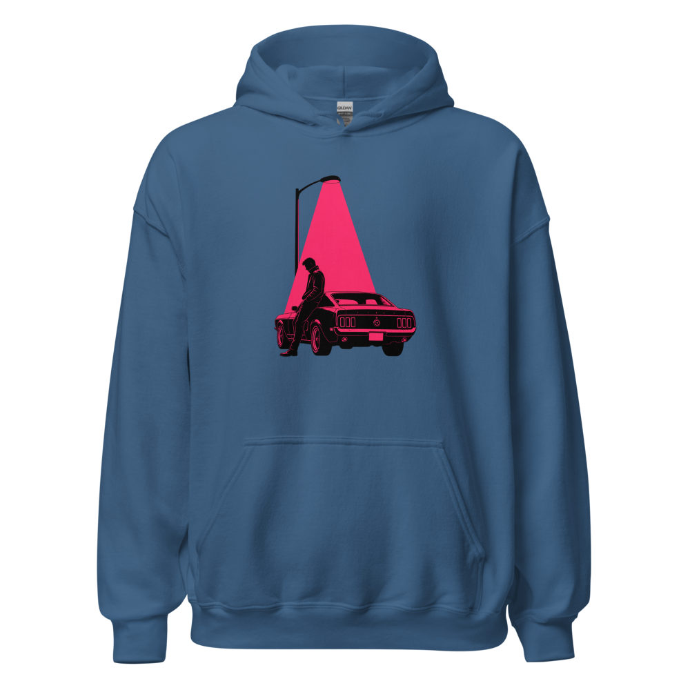 Neon Noir Midnight Driver Muscle Car Silhouette Tee — Hoodie — indigo blue front view