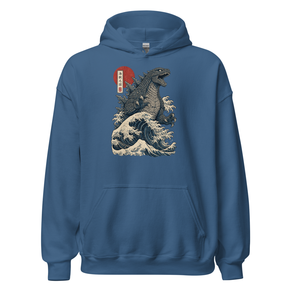Sea Monster Great Wave Woodblock Print Tee — indigo blue front view