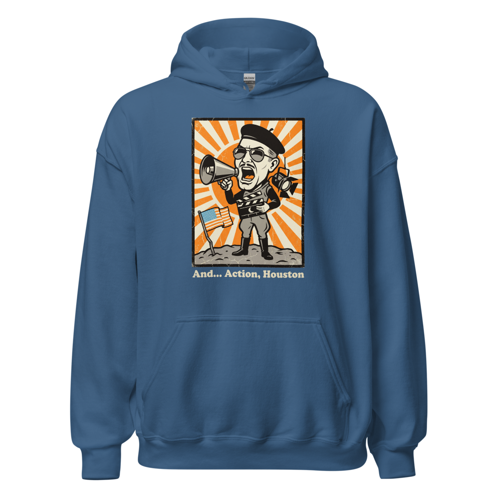 Fake Moon Soundstage Auteur Propaganda Parody Tee â€” Indigo Blue front view