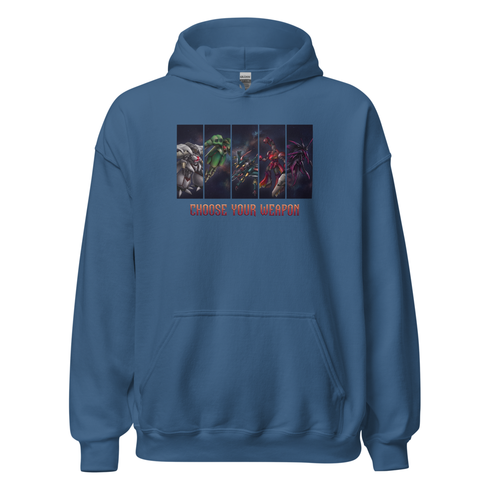 Choose Your Weapon Retro RPG Boss Roster Tee — indigo blue front view