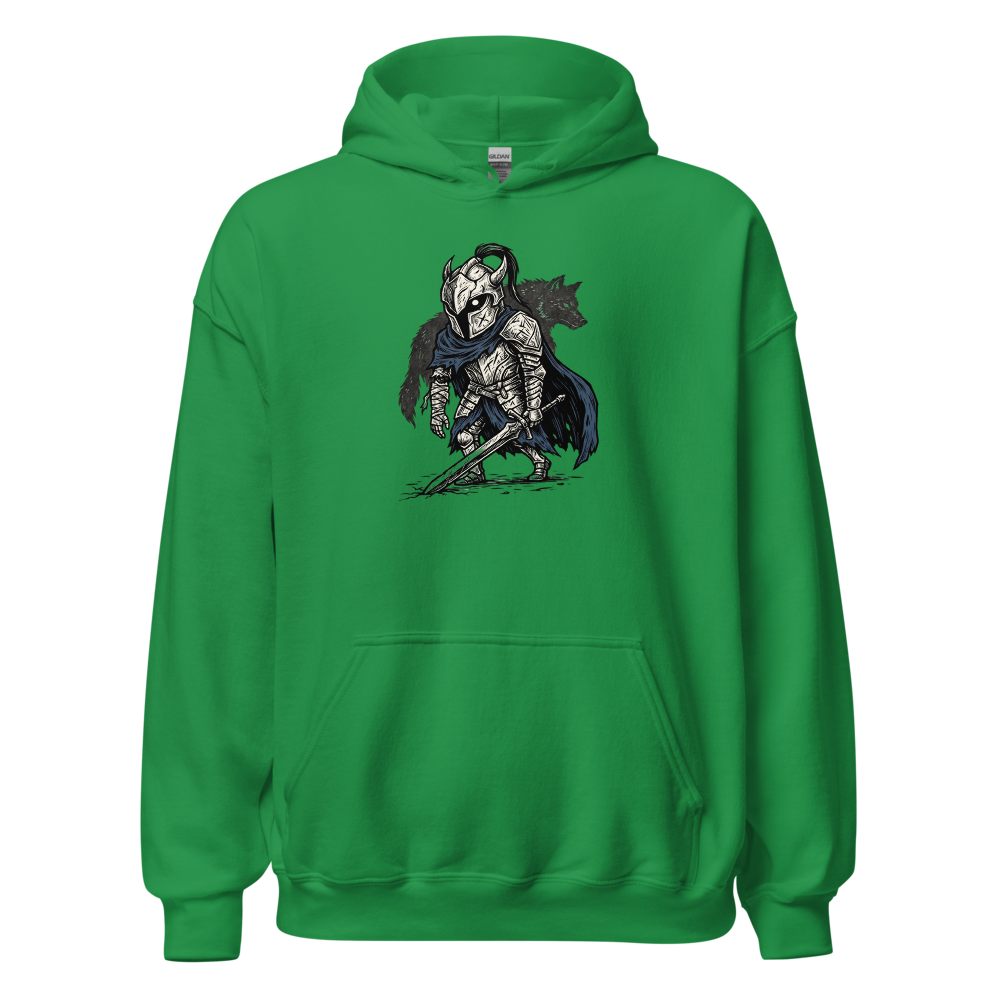 Broken Knight Abysswalker Blackwork Linocut Tee — irish green front view