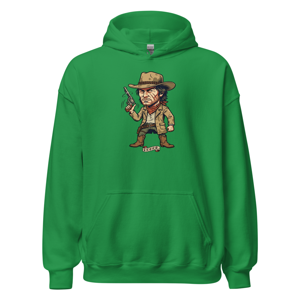 Scarred Outlaw Revolver Spinner Tattoo Flash Tee — irish green front view