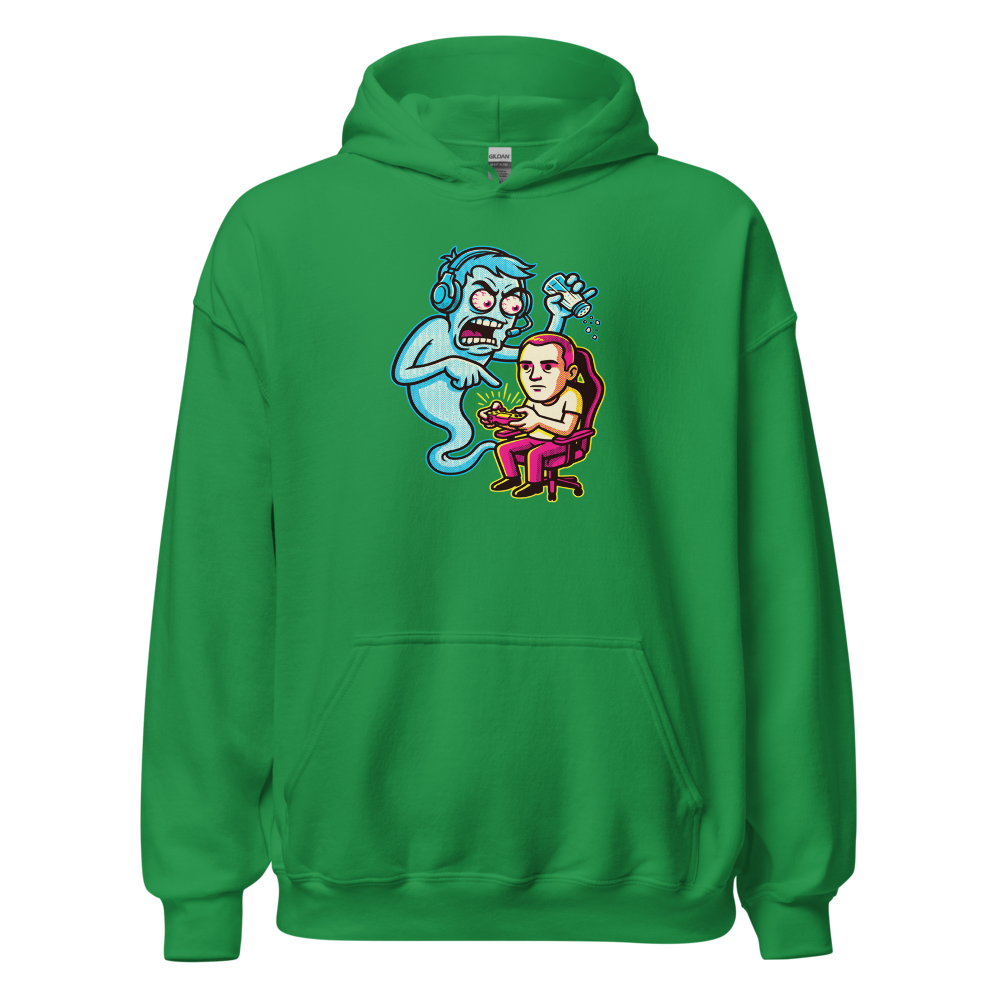Salty Ghost Backseat Gamer Halftone Pop Art Tee — irish green front view