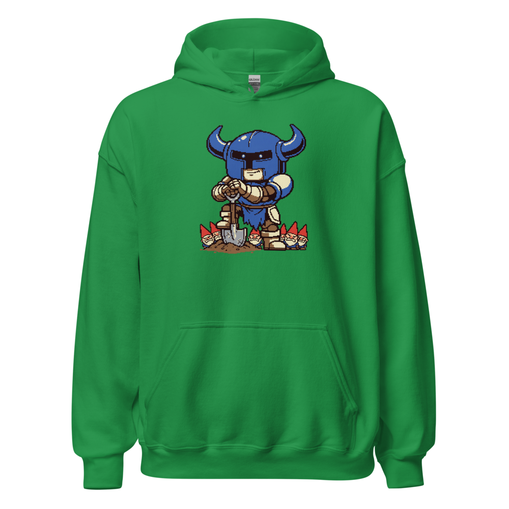 Pixel Knight Gnome Gardener Retro 16-Bit Gaming Tee — irish green front view