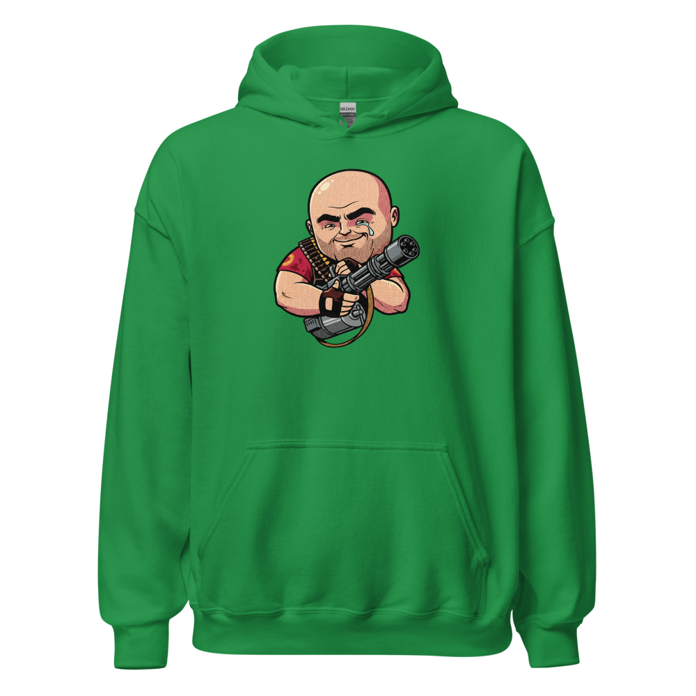 Big Russian Gunner Minigun Hug Pop Art Tee — irish green front view