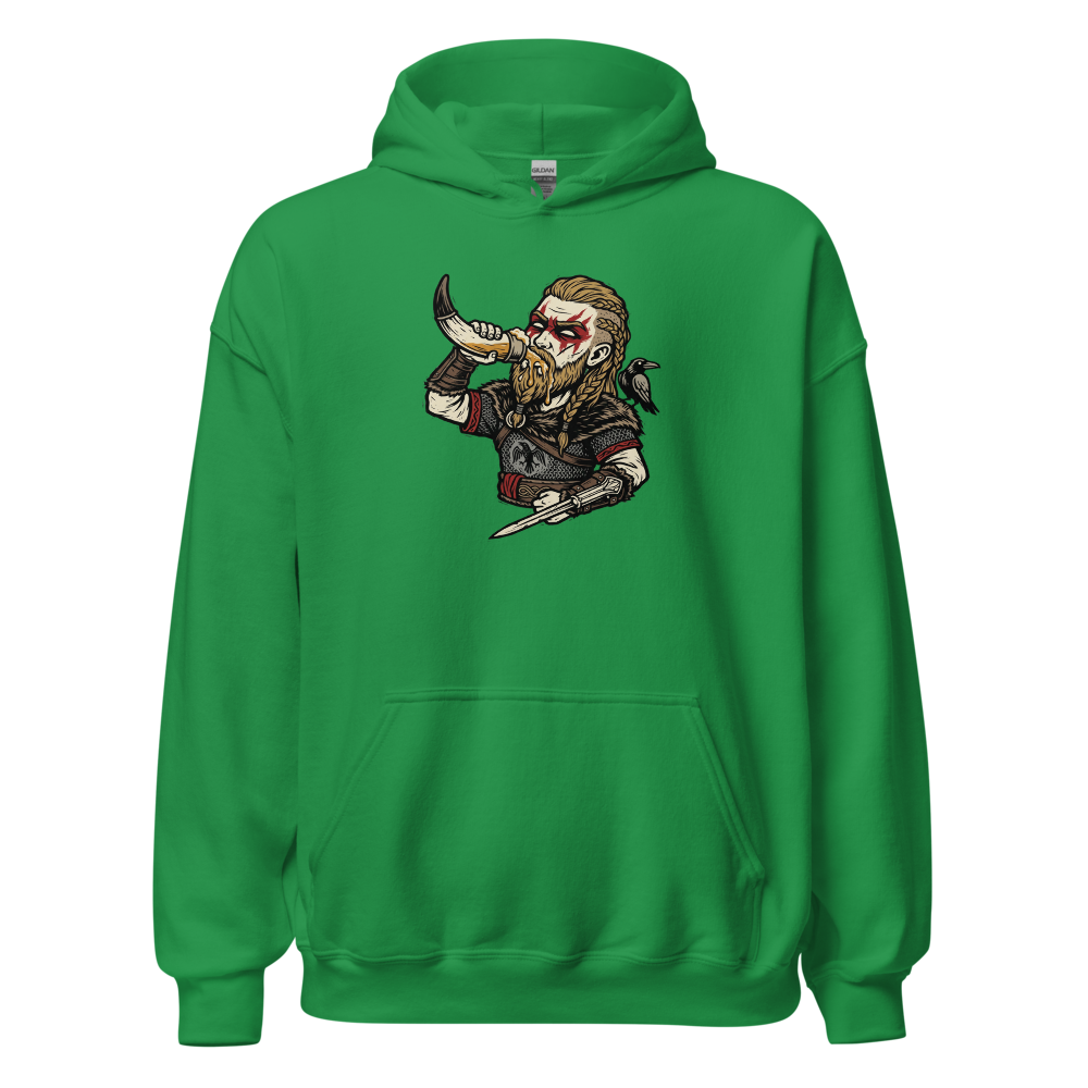 Viking Raider Mead Horn Hidden Blade Woodcut Tee — irish green front view