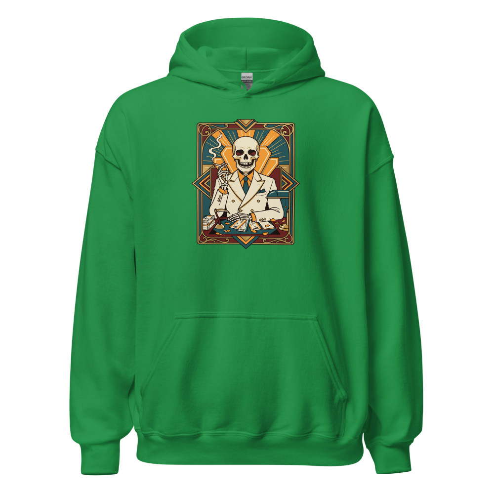 Skeleton Travel Agent Art Deco Noir Tee — irish green front view