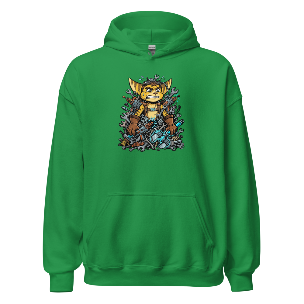 Overwhelmed Space Mechanic Wrench Pile Comic Tee — irish green front view