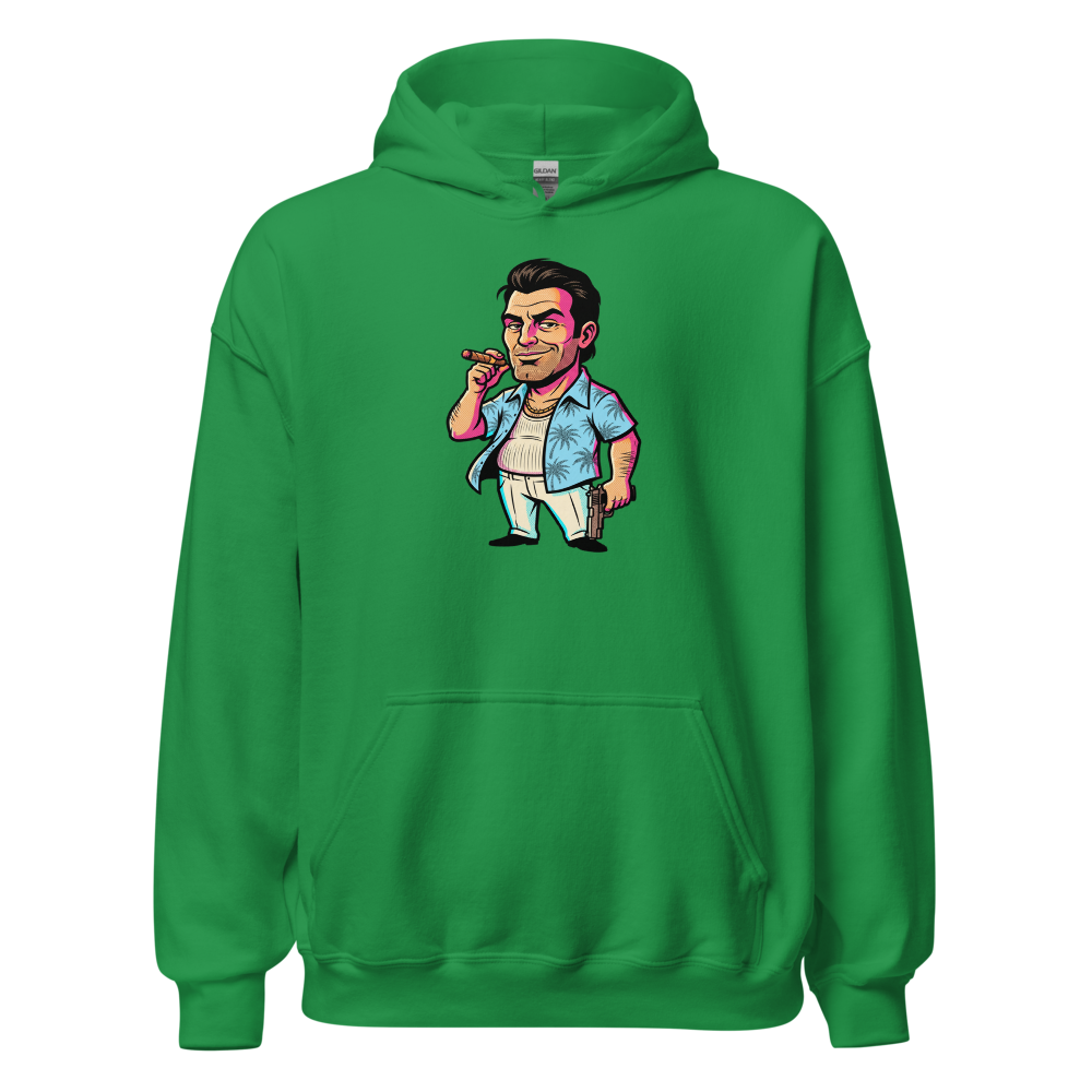 Tropical Mobster Halftone Pop Art Neon Miami Tee — irish green front view