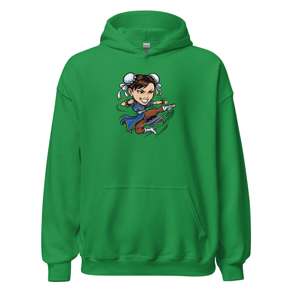 Arcade Fighter Spinning Kick Halftone Pop Art Tee — irish green front view