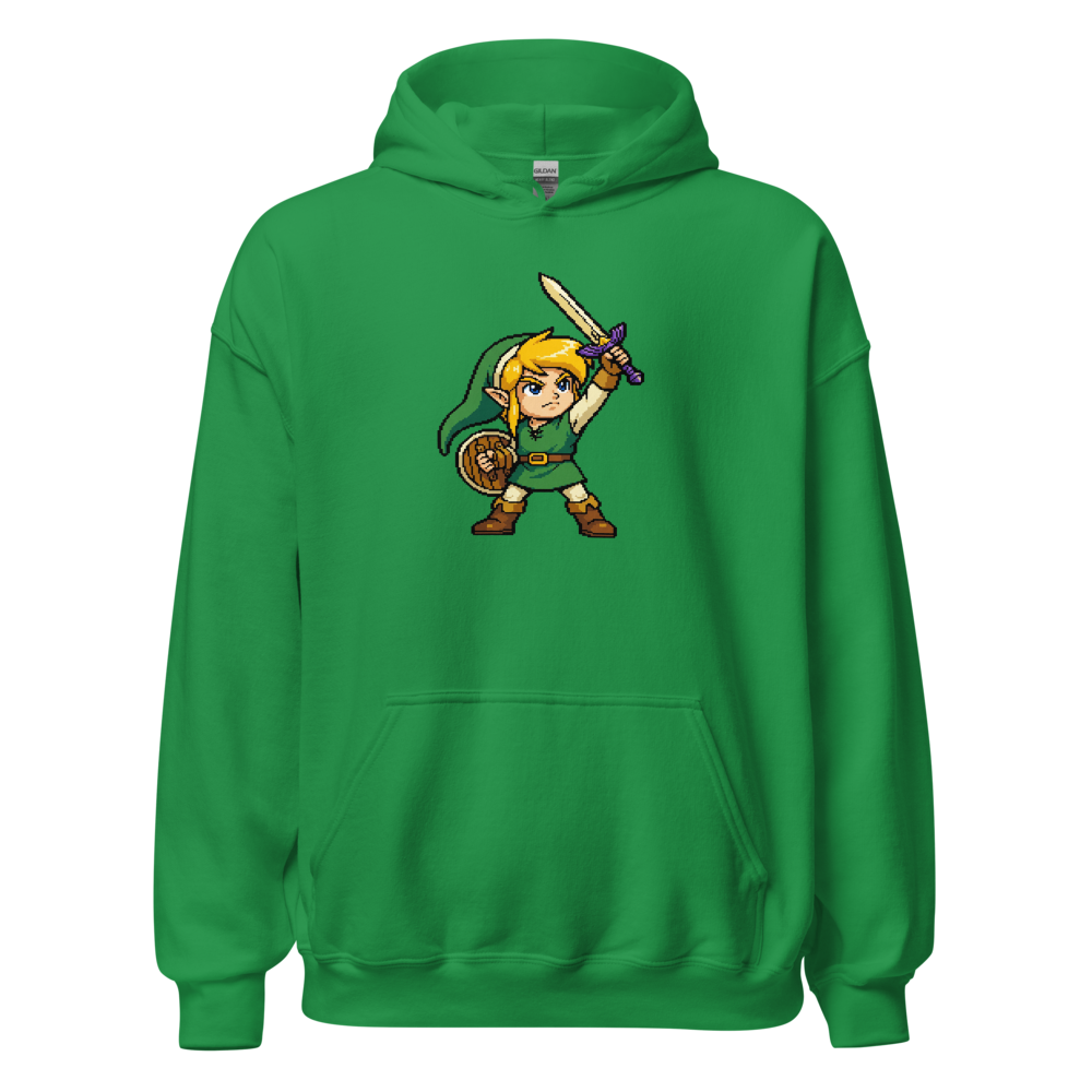 16-Bit Pixel Hero Sword Raise Retro Gamer Tee — irish green front view