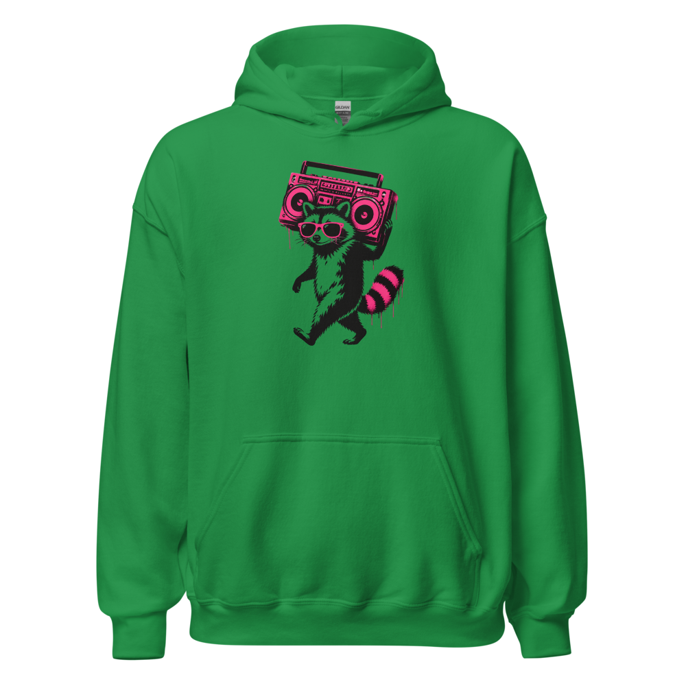 Stencil Raccoon With Boombox Street Art Tee — irish green front view