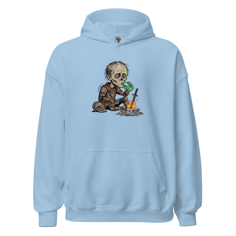Hollow Knight Bonfire Estus Coffee Soulslike Parody Tee — light blue front view