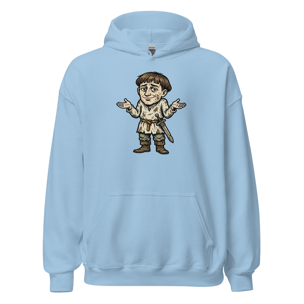 Medieval Peasant Shrug Woodcut Retro RPG Tee — light blue front view