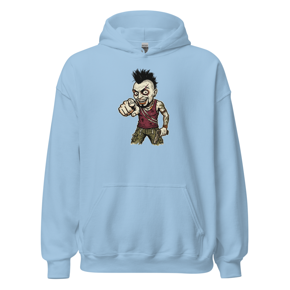 Unhinged Jungle Warlord Punk Caricature Tee — light blue front view