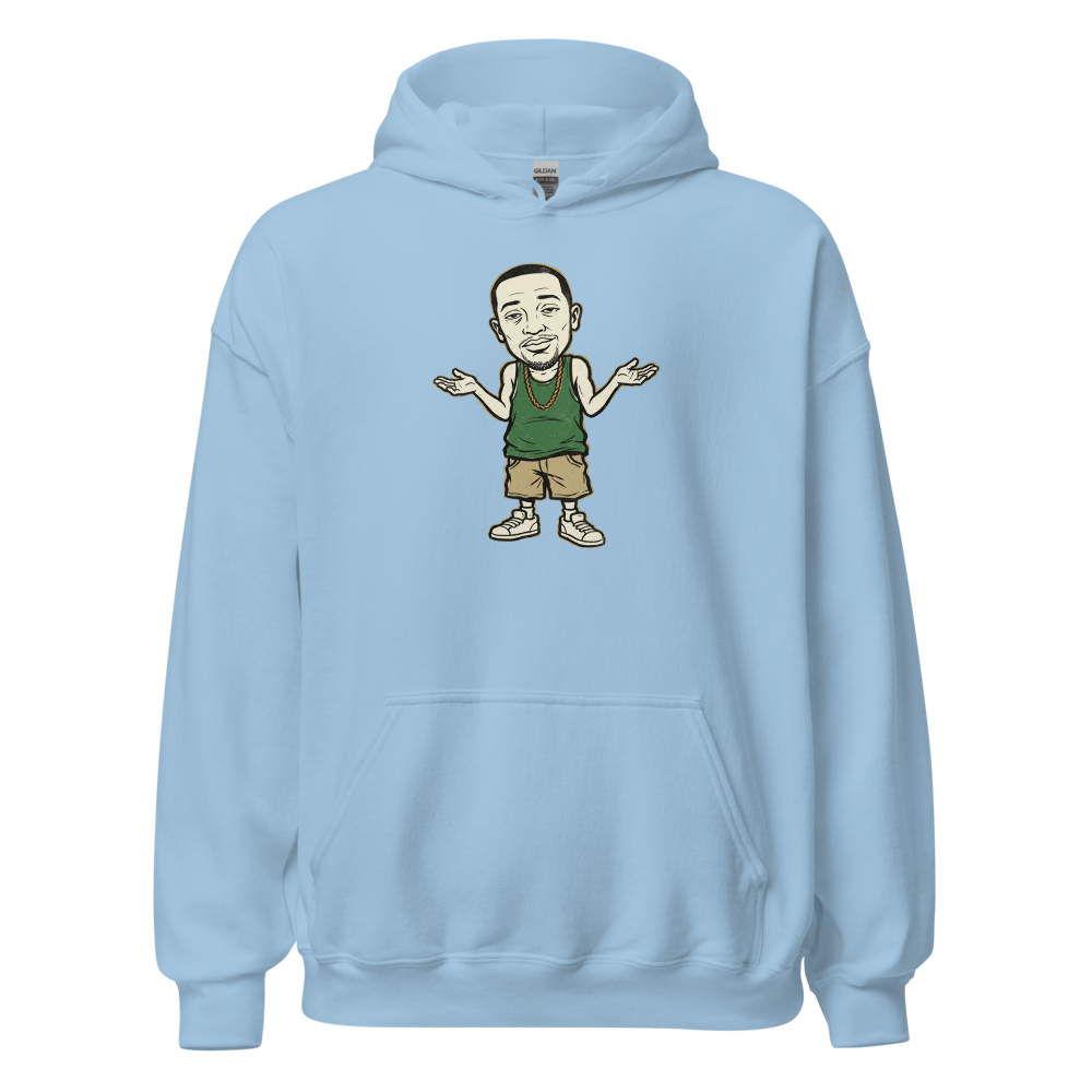Here We Go Again Open-World Shrug Punk Tee — light blue front view