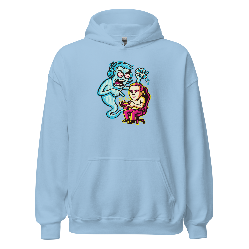 Salty Ghost Backseat Gamer Halftone Pop Art Tee — light blue front view