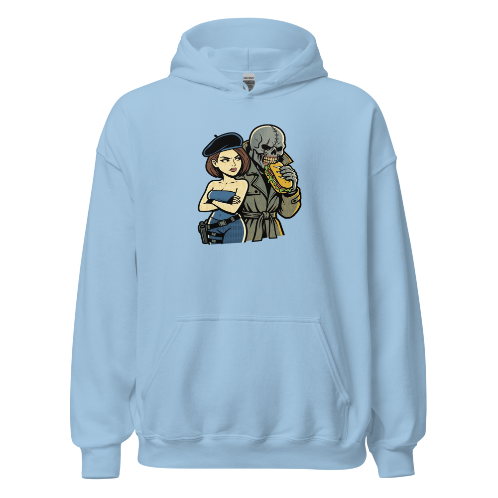 Parisian Beret Survival Horror Sandwich Parody Tee — light blue front view