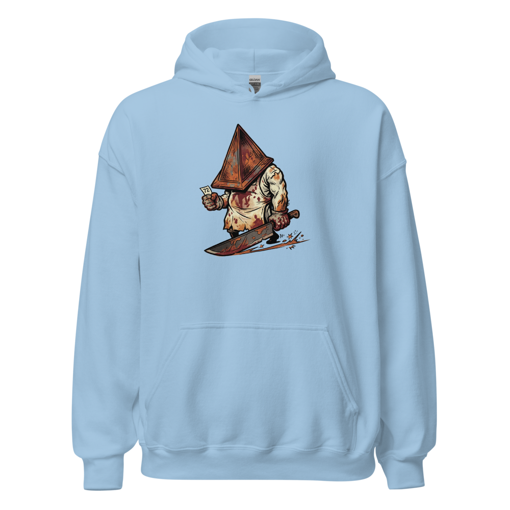 Horror Executioner at the DMV Halftone Parody Tee — light blue front view