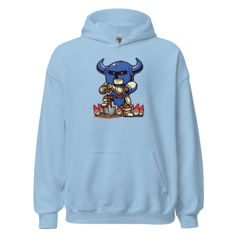 Pixel Knight Gnome Gardener Retro 16-Bit Gaming Tee — light blue front view
