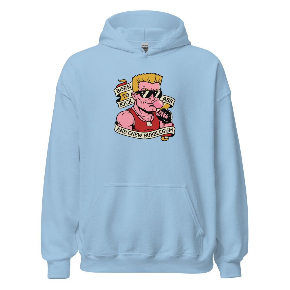 Bubblegum Action Hero Traditional Tattoo Flash Tee — light blue front view