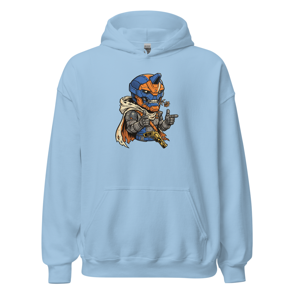 Wisecracking Exo Gunslinger Halftone Pop Art Tee — light blue front view
