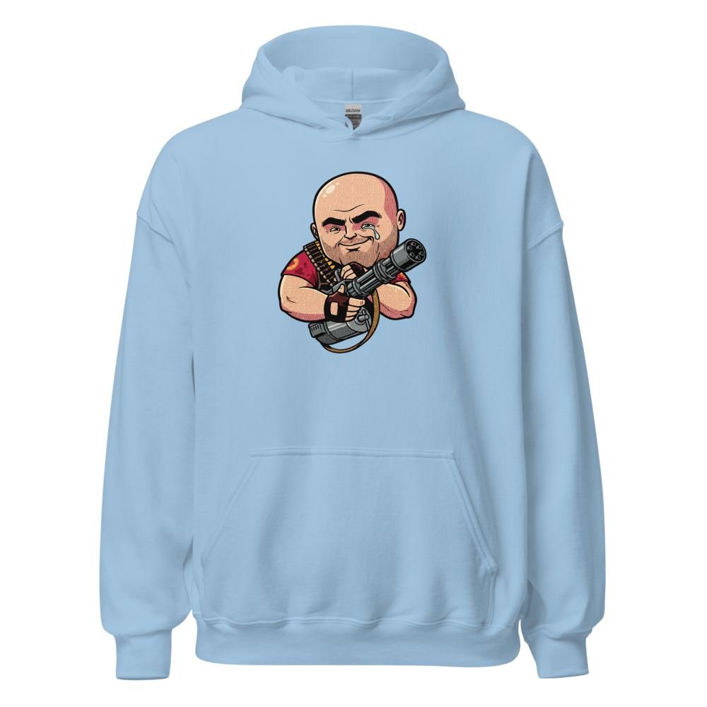 Big Russian Gunner Minigun Hug Pop Art Tee — light blue front view