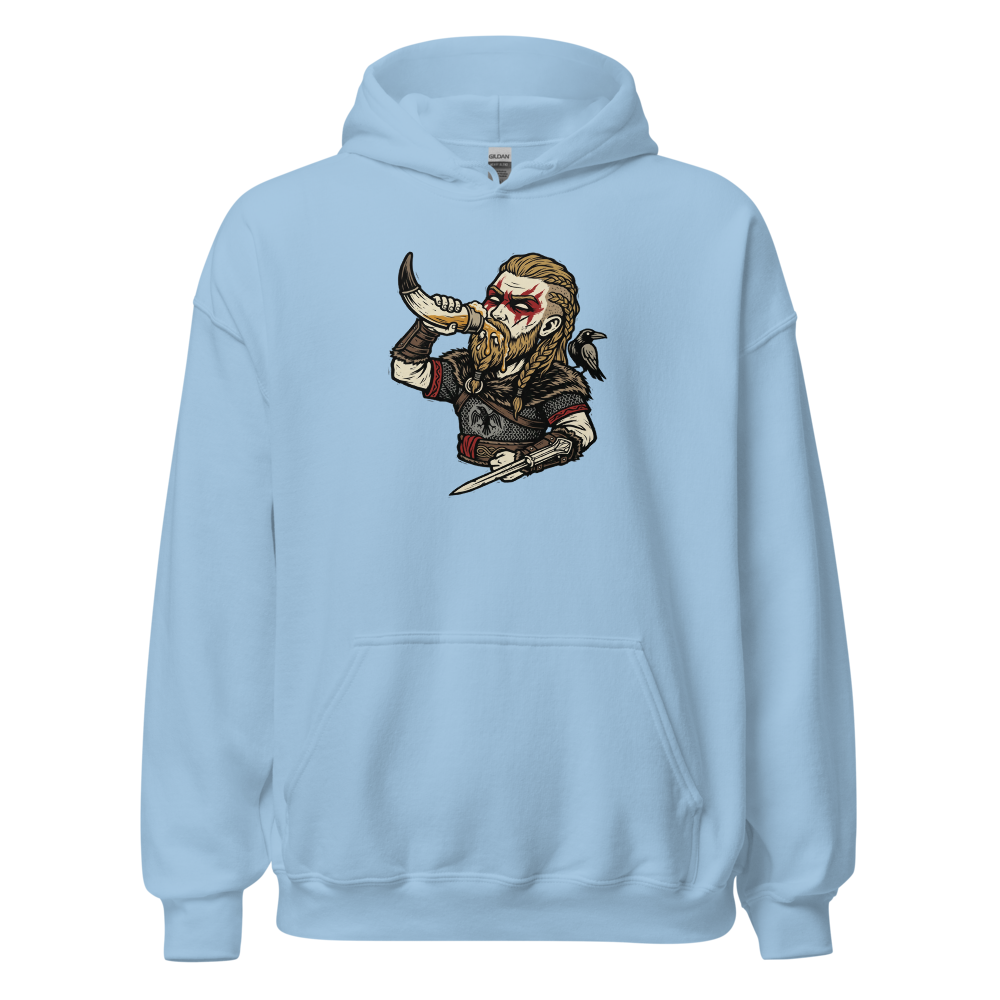 Viking Raider Mead Horn Hidden Blade Woodcut Tee — light blue front view