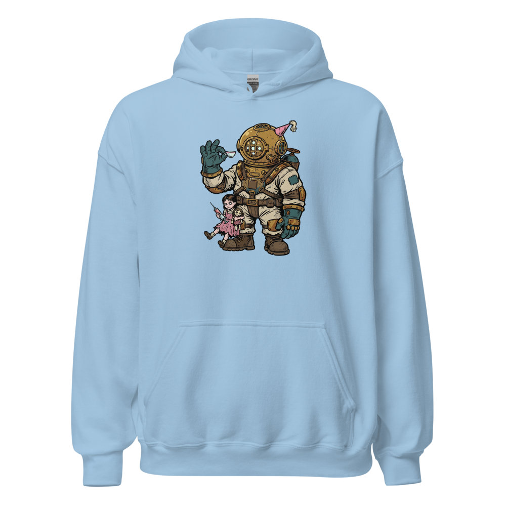 Deep Sea Diver Tea Party Comic Ink Graphic Tee — light blue front view