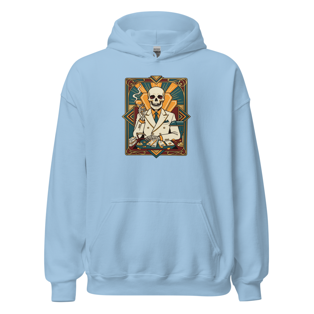 Skeleton Travel Agent Art Deco Noir Tee — light blue front view