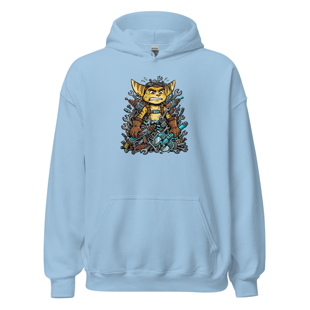 Overwhelmed Space Mechanic Wrench Pile Comic Tee — light blue front view