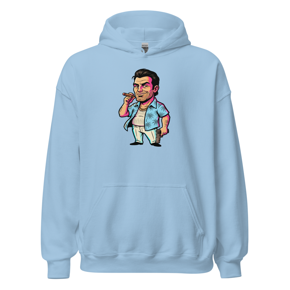 Tropical Mobster Halftone Pop Art Neon Miami Tee — light blue front view