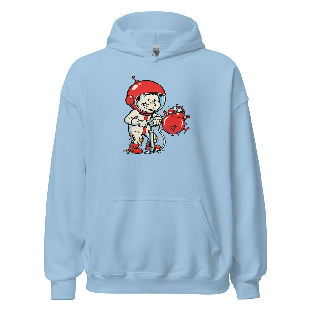 Retro Arcade Pump Clown Comic Ink Graphic Tee — light blue front view